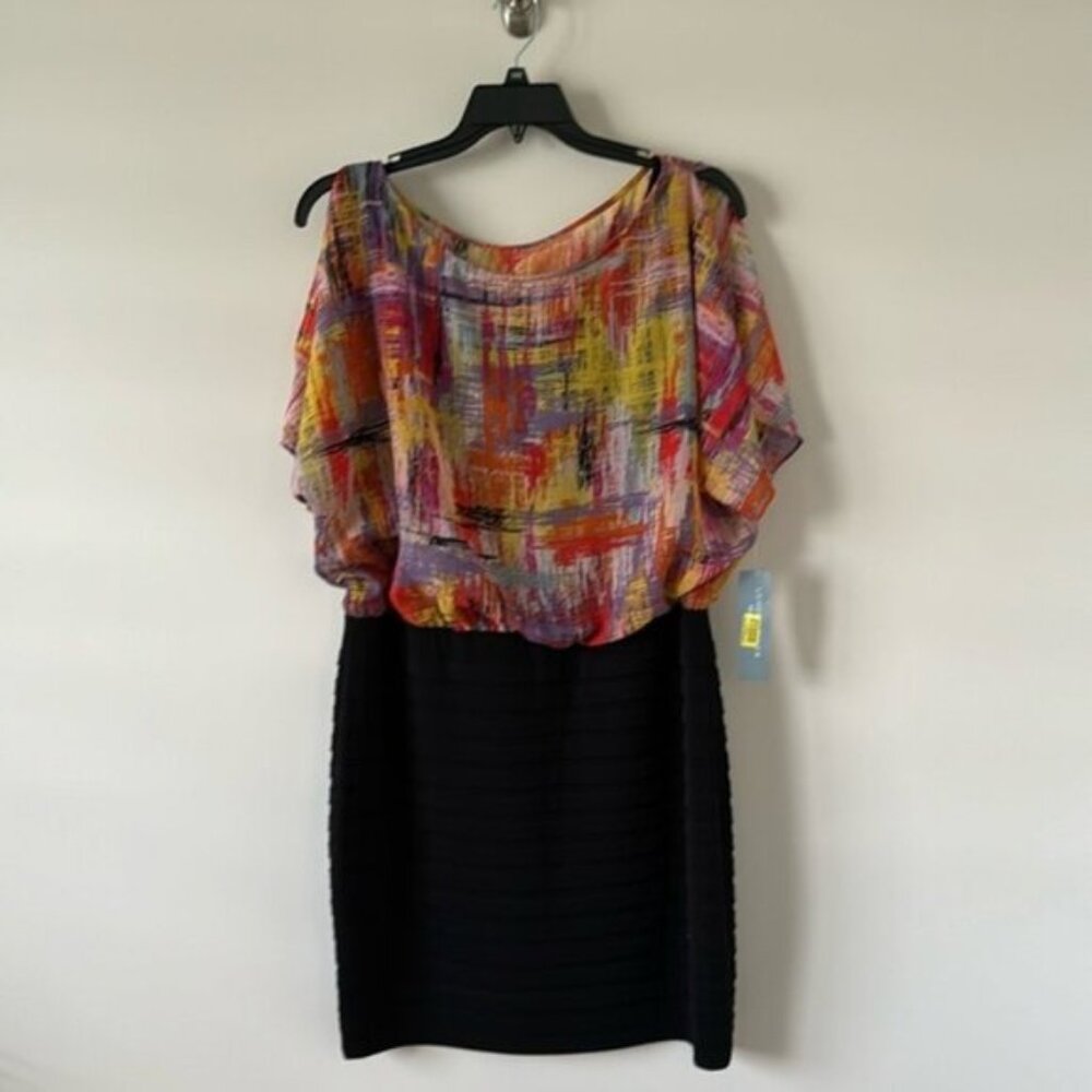 London Times Women Short Sleeve Multicolor Blouse Skirt Black Dres Plus Size 14W